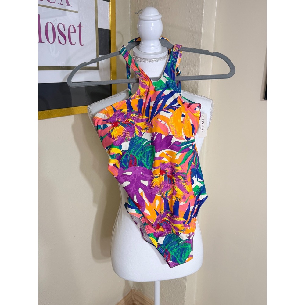Soma Intimates One Shoulder One Piece Swimsuit Paradise Palms Floral Size 8 NWT